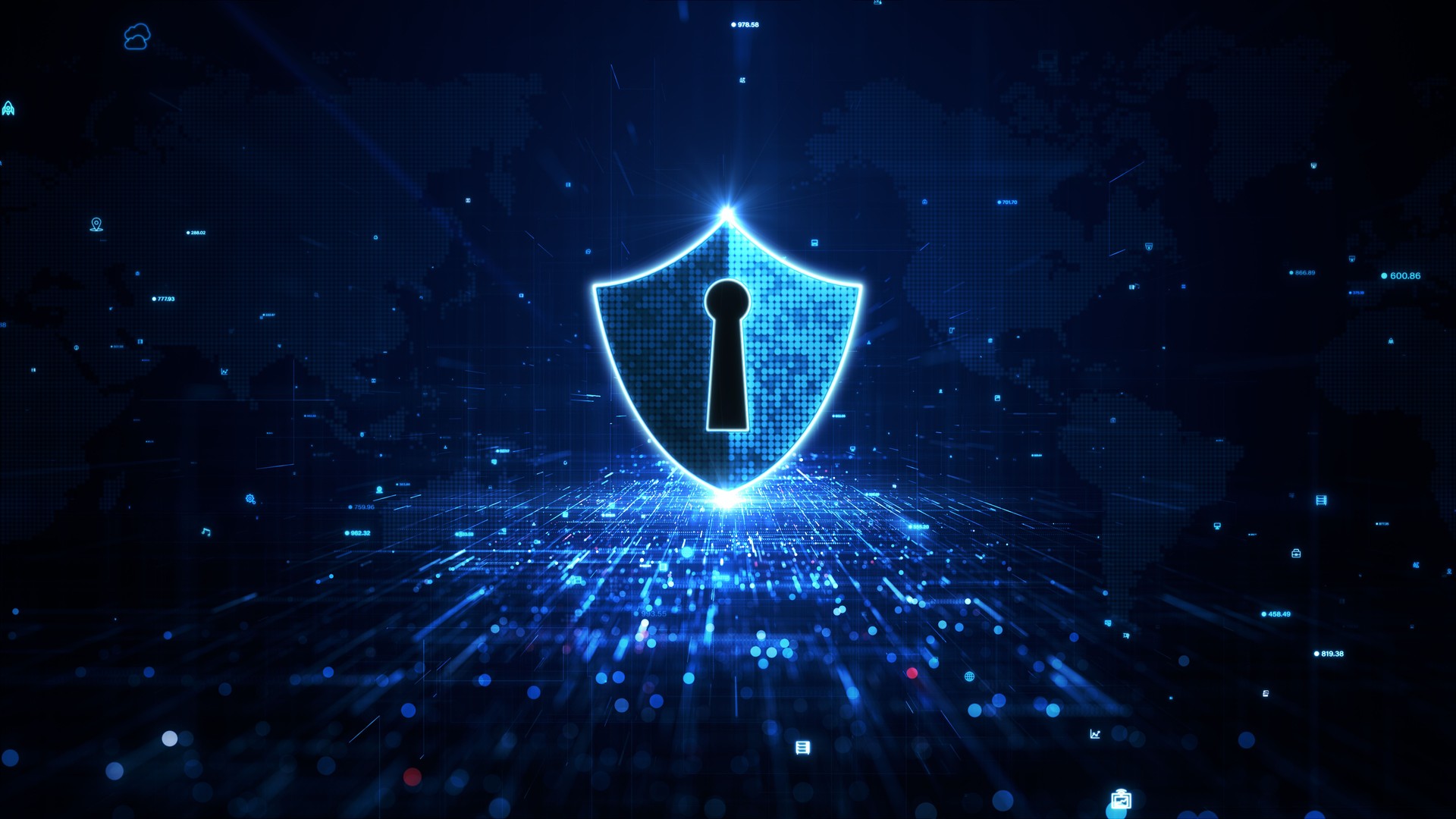 Blue Shield Icon Cyber Security, Digital Data Network Protection, Future Technology Digital Data Network Connection Abstract Background Concept. 3D rendering